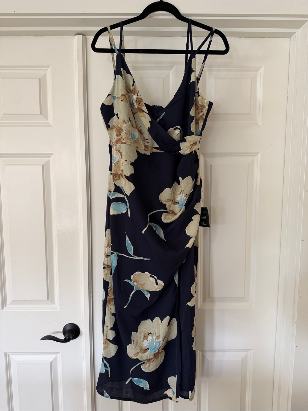 Lulu's Navy Floral Midi Slip Dress with Cream & Light Blue Blooms